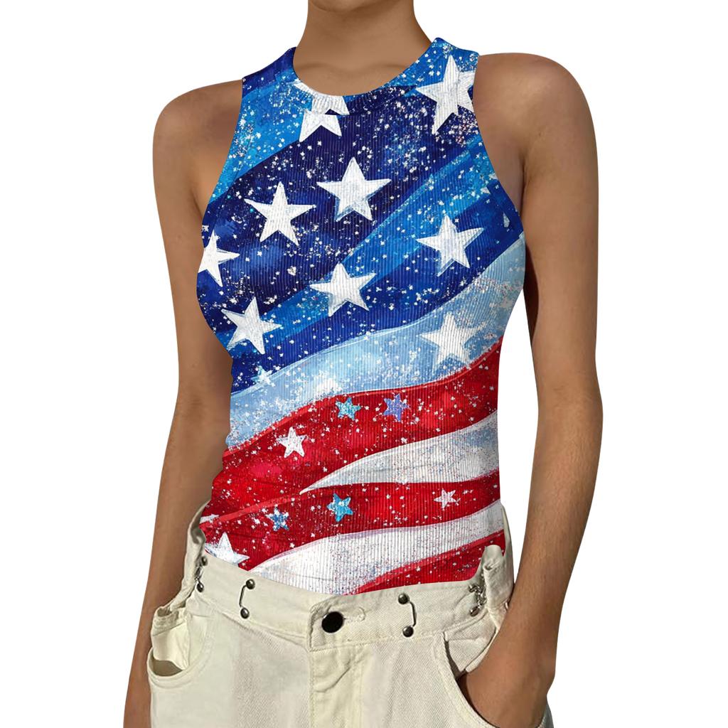 Women's Fashion Round Neck Independence Day Print Sleeveless Vest Top