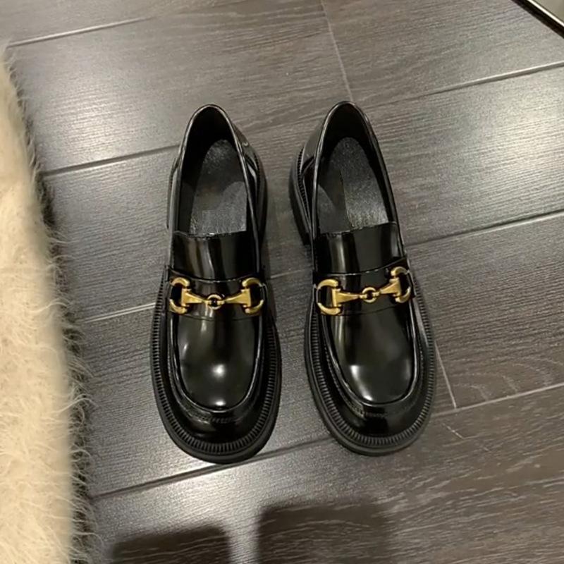 [sheii Su Yinyin] Bree Palace~ Horse Buckle Round Head Thick Heel Platform Small Leather Shoes Women's Autumn and Winter Loafers