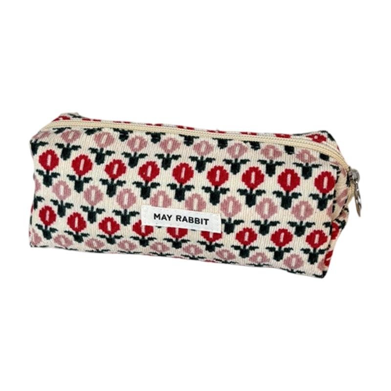 

Corduroy Pencil Pouch With Spacious Compartment Student Organizer Washable Cosmetic Bag For Daily Use