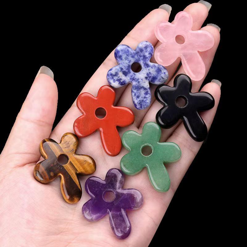 Purple Pink White Crystal Agate Tiger Eye Carved Five-Petal Flower Pendant Necklace