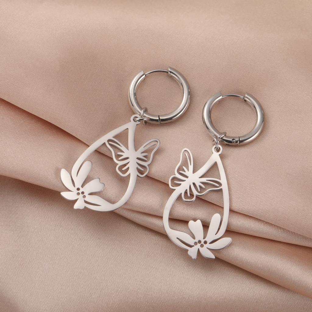 Teamer Butterfly and Flower Waterdrop Pendant Earrings Women Girls Stainless Steel Gold Color Hoop Earring Bohemian Jewelry Gift