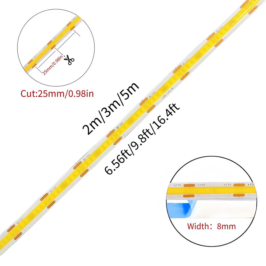 Clearhill 12V DC Taśma LED COB (Złącze przewodu żeńskiego + czarno-czerwonego), 5M Pomarańczowy, 320 LED/m, Mocne Światło, Szerokość 8mm, Nie wodoodporny, IP20,