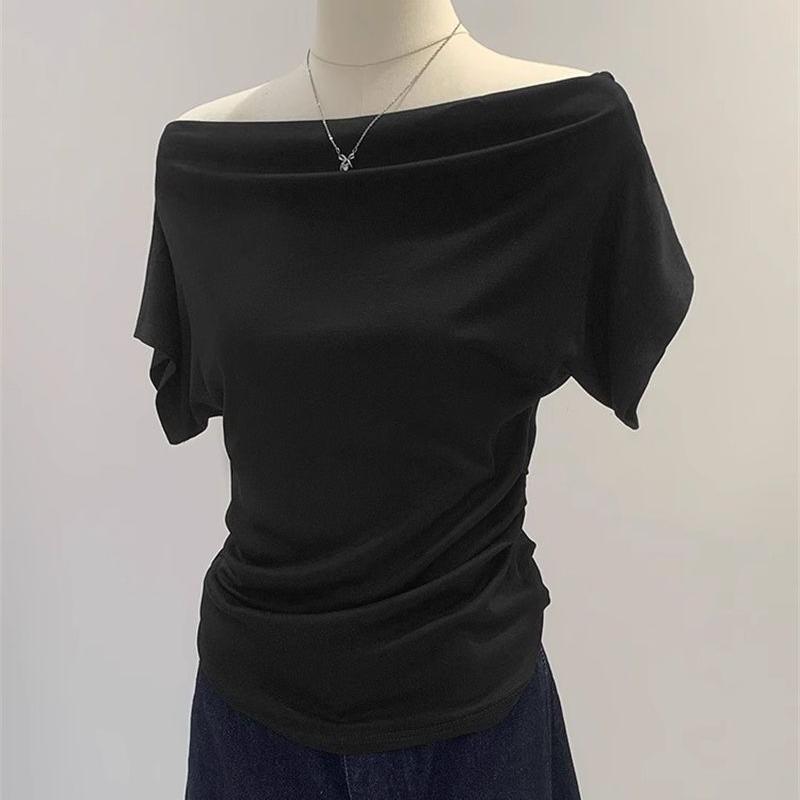 Sommer Reines Verlangen Ein Schulter Schwarz Kurzarm Damen T-Shirt Koreanischer Stil Schlankmachendes Top Freiliegende Schulter Modisch