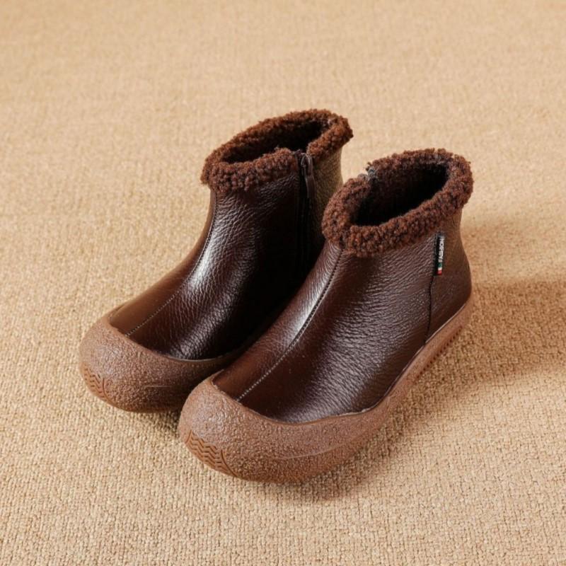 Fashion GKTINOO Genuine Leather Warm Plush Boots Round Toe Soft Soled Women's Short Boots Mother Shoes