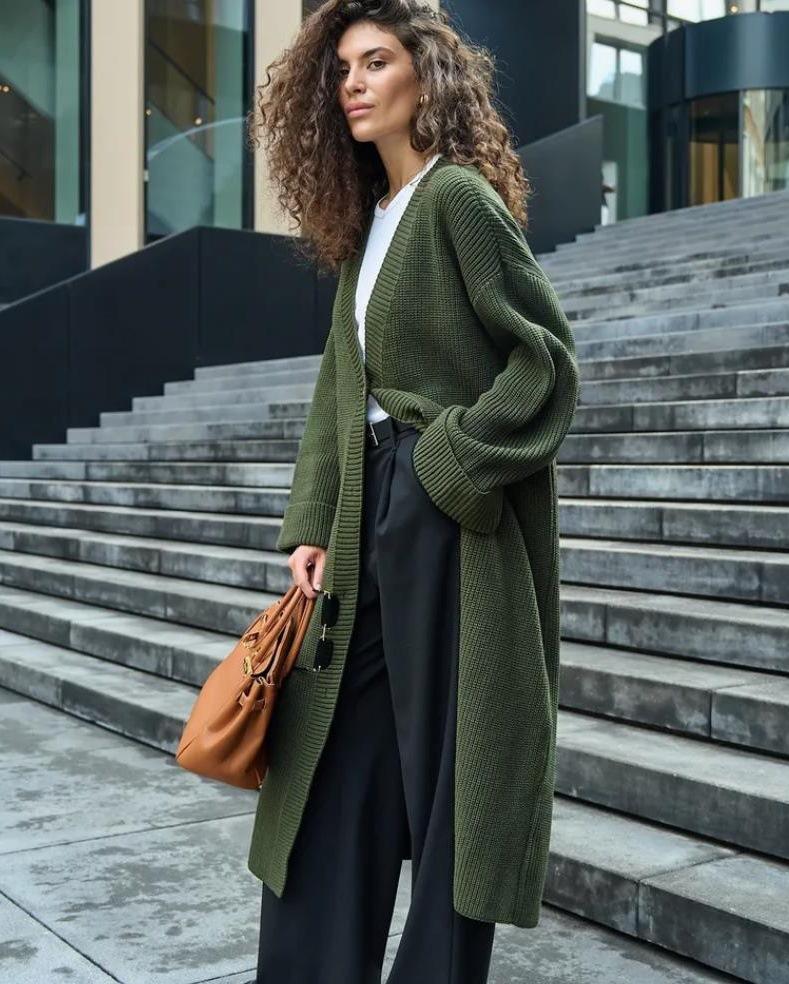 Europe, America autumn and winter women's clothing extended cardigan knitted sweater solid color casual loose jacket sweater