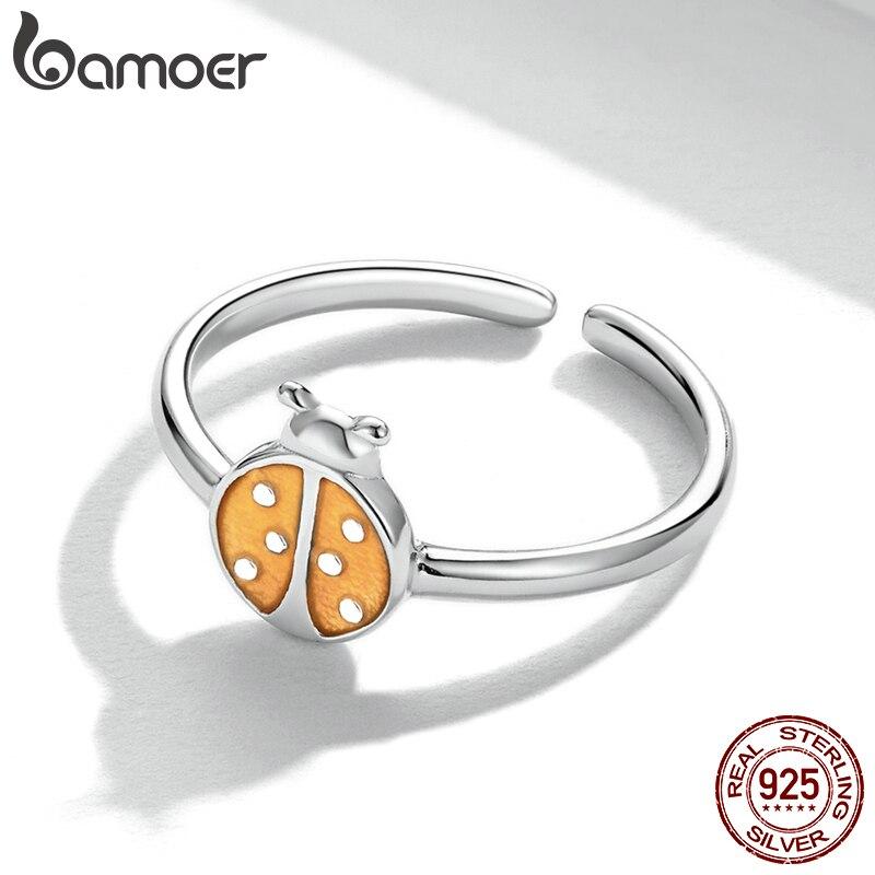 

BAMOER Аутентичное кольцо из стерлингового серебра 925 пробы оранжевого цвета с божьей коровкой, платиновое кольцо открытого размера с покрытием для девочек, ювелирные украшения, подарок на вечеринку 925 silver