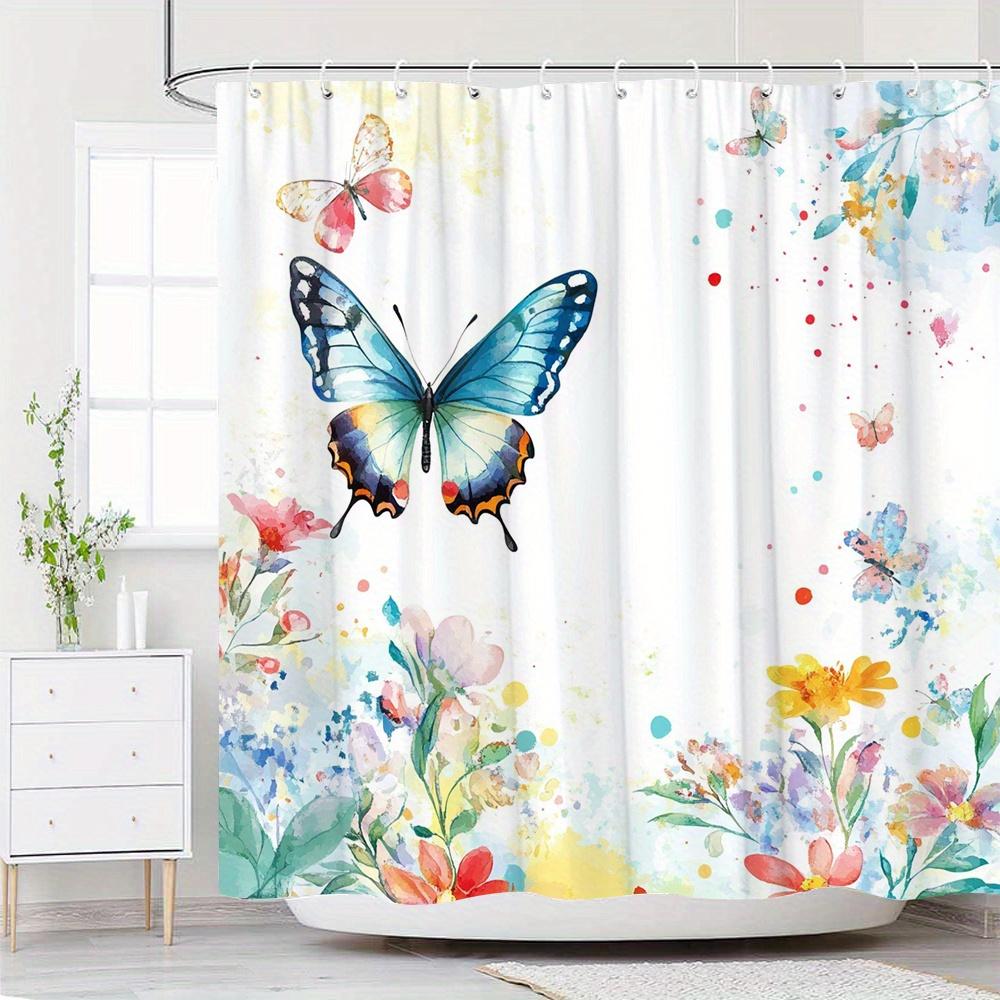 

1pc Vibrant Watercolor Butterfly Shower Curtain - Black Orange Accents, Colorful Floral, 70x70 , Polyester, 12 Hooks W90XH180cm