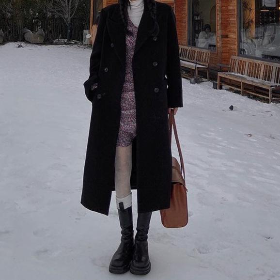 Women s Mid-Length Black Wool Coat, Petite 2025 Winter Korean Style M 110-120 cm
