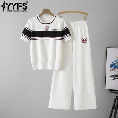 Women's Fashion Casual Summer Spring Stripe Print Short Sleeve O-Neck Trousers Pants Suits
