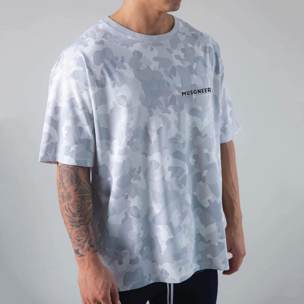 Musgneer Men's Gym T-Shirt, Stretch Short Sleeve, Fitness, Training, Muscle Training, Sports, Stylish, Oversized, Camouflage White, Size M