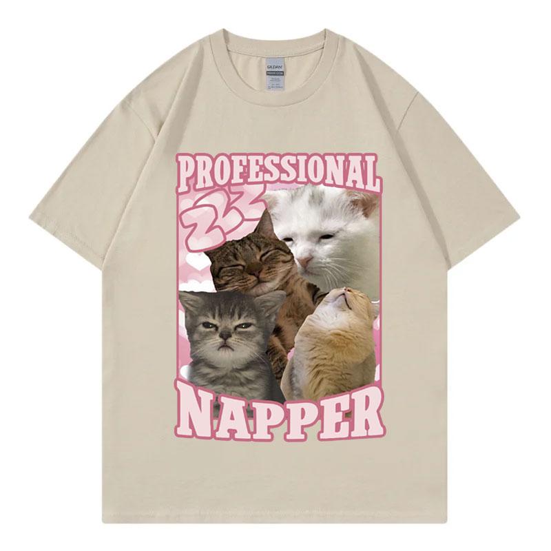 T-shirt Chat Drôle Mème Siesteur Professionnel Mode Kawaii T-shirts Manches Courtes Vêtements en Coton de Haute Qualité T-shirt Unisexe