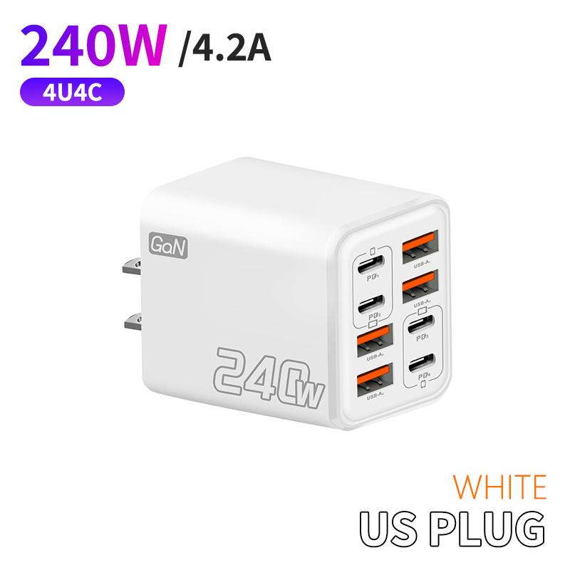 240W Gan Usb C Charger 8 In 1 Fast Charging Phone Charger Power Adapter For Phone Type C Eu/Us Plug Wall Charger