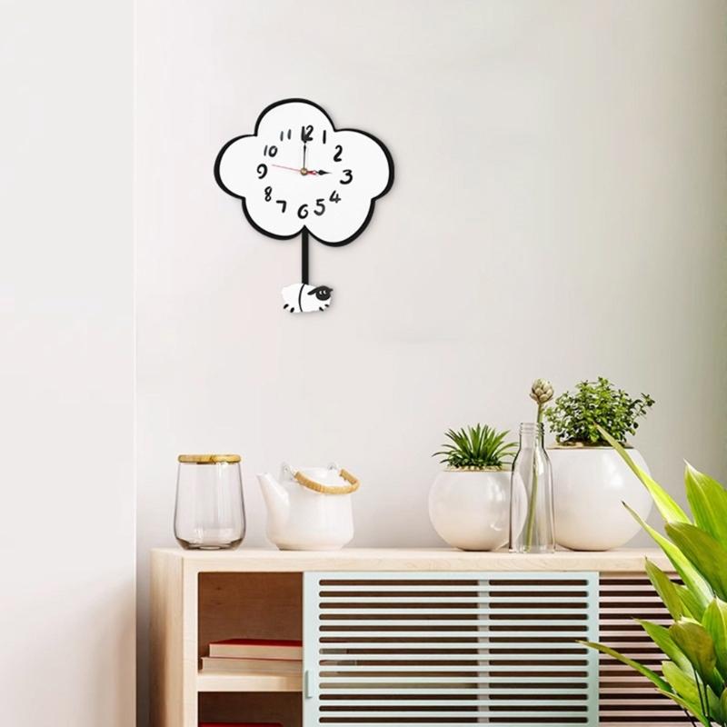 Mute Wall Hanging Clock with Quiet Movement and Swing Sheep Pendulum Cartoon Cloud Shape for Children Bedroom Decors