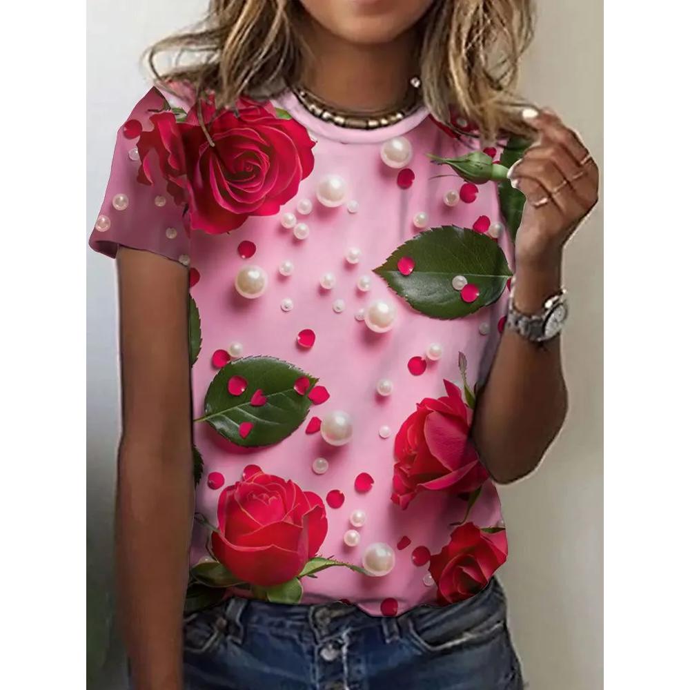 Fashion Flower Print Women's Top Casual Short Sleeve Comfortable Versatile T-Shirts Women’s