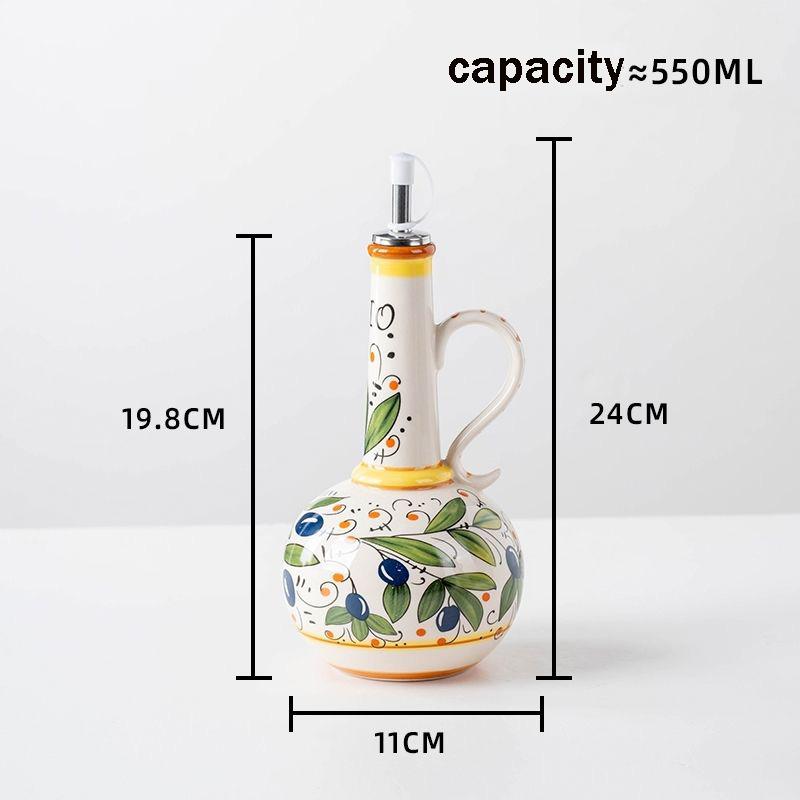 Hand-Painted Ceramic Olive Oil Dispenser Bottle with Handle – 550ML Vintage Mediterranean Style