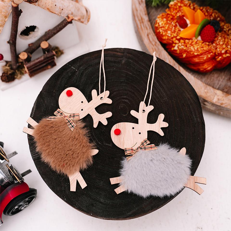 Christmas Elk Hanging Ornaments Wooden Reindeer Plush Pendants Christmas Tree Decor