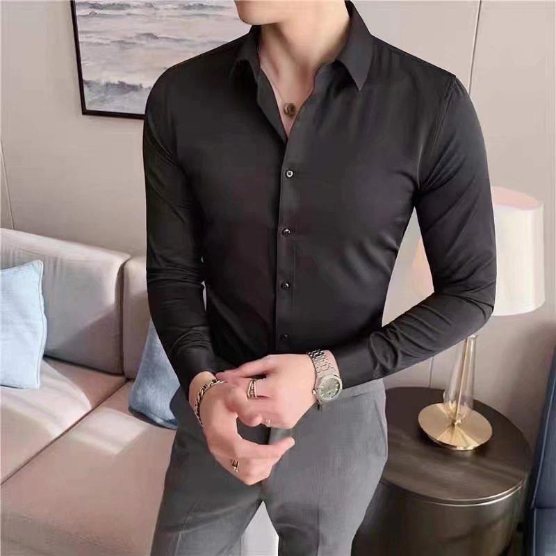 Men's Solid Color Slim Fit Long-Sleeve Shirt - Korean Style, Wrinkle-Free, Trendy Fashion for Spring and Autumn