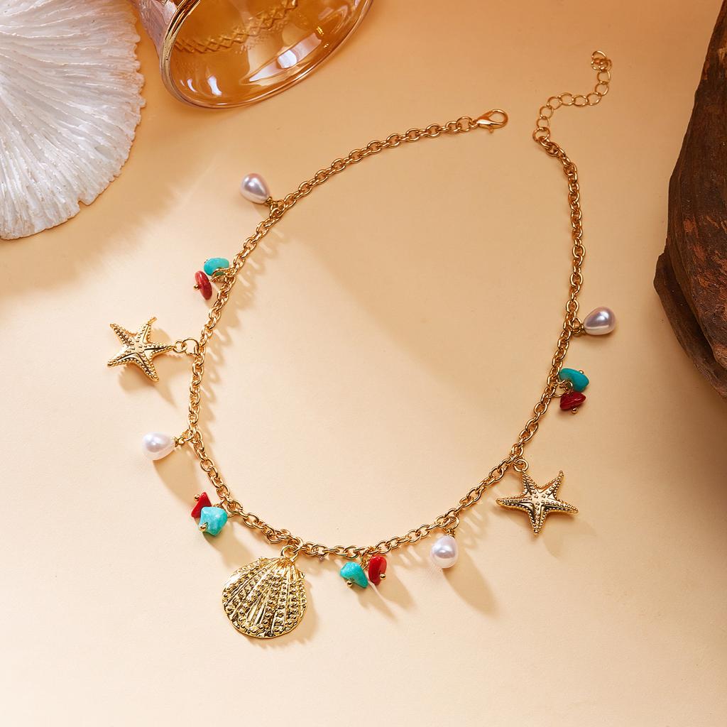 Vacation Ocean Series Shell Starfish Conch Pendant Necklace For Women Irregular Stones Coral Pearl Choker Beach Party Jewelry