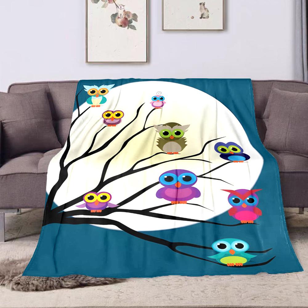 Colorful Owls on a Tree at Night Patterned flannel blanket perfect for the bedroom living room, sofa, or a little nap