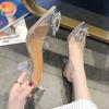 Spring and summer new pointed toe with sunflower high heels transparent crystal shoes thick heel wine glass and sandals women