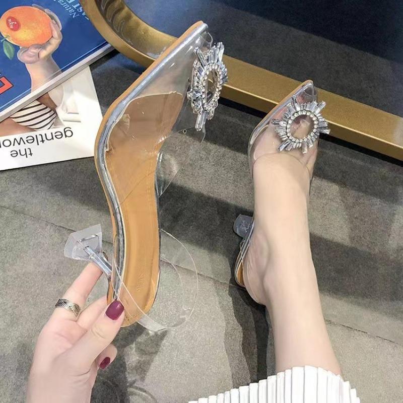 Spring and summer new pointed toe with sunflower high heels transparent crystal shoes thick heel wine glass and sandals women