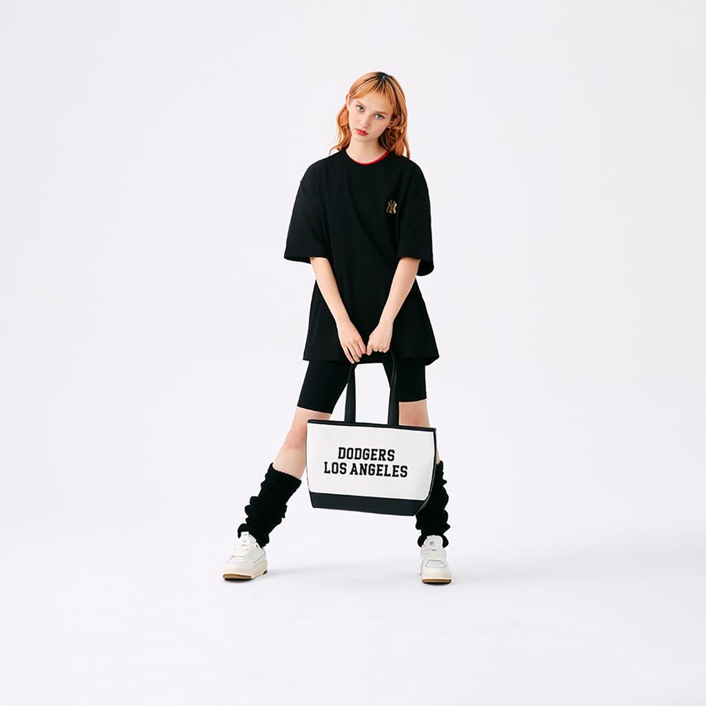 MLB LA Letter Large Capacity Lightweight Polyester Cotton Tote Bag Travel Bag Student Shoulder Handbag Unisex Tote Bag Cream 3AORL104-07CRM