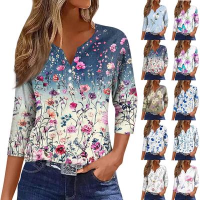 Women's Fashion Casual Floral Print V-Neck Short Sleeve Decorative Button Three-quarter Sleeve T-Shirt Top