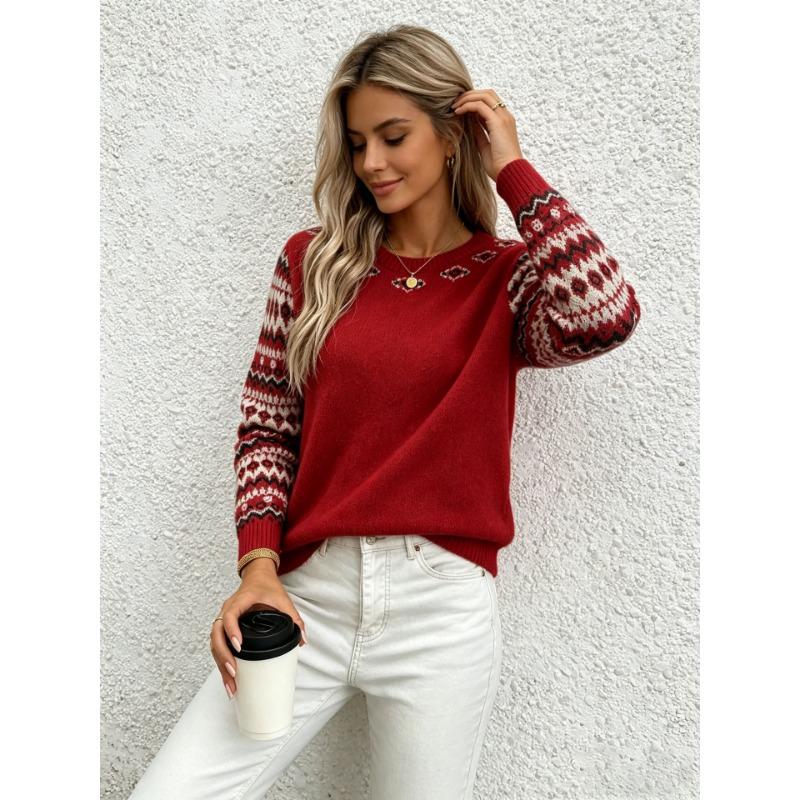 Women S Loose Fit Geometric Jacquard Crew Neck Long Sleeve Knit Sweater