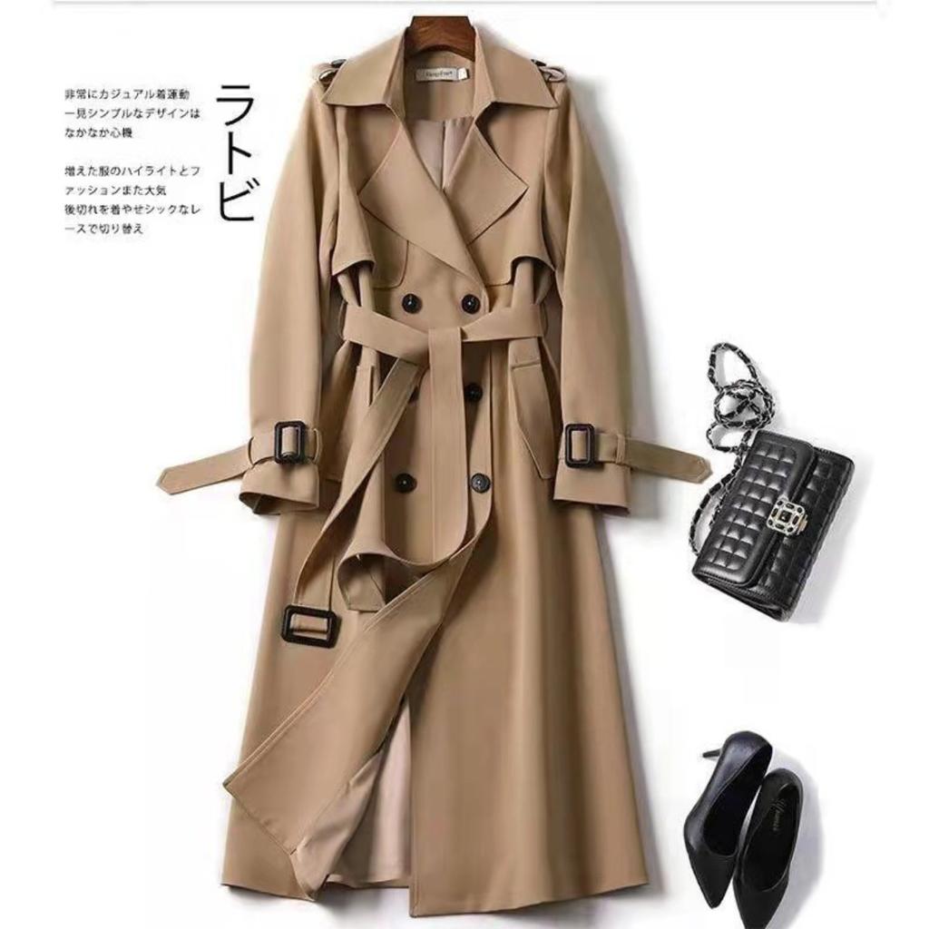 Damen Zweireihiger Gürtel Langer Trenchcoat Reverskragen Schmal Geschnitten Winddicht Übermantel Oberbekleidung