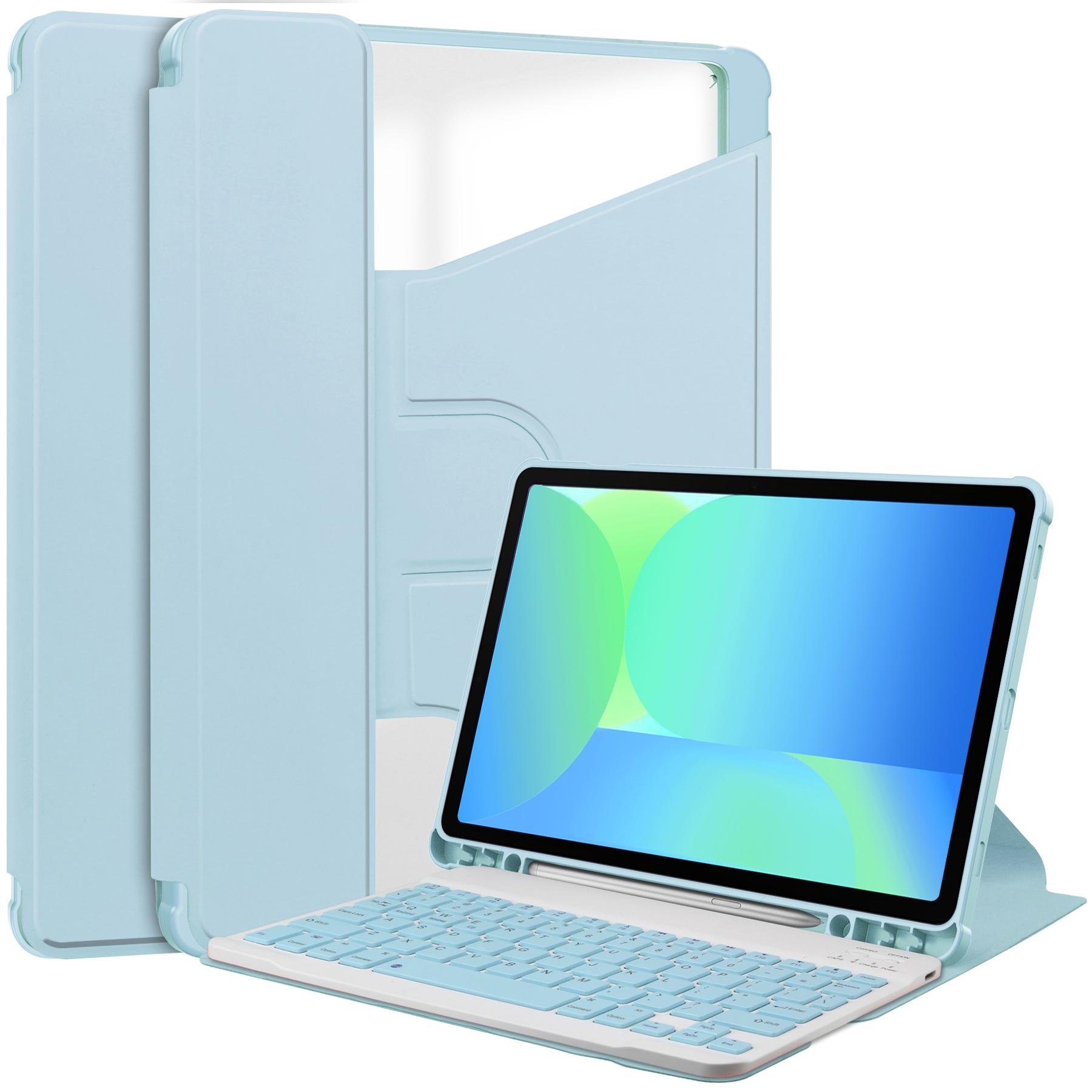

For Samsung Galaxy Tab S10 FE/S9 FE Case 360-Degree Rotary Stand PU Leather+Acrylic Tablet Cover with Keyboard Sky Blue