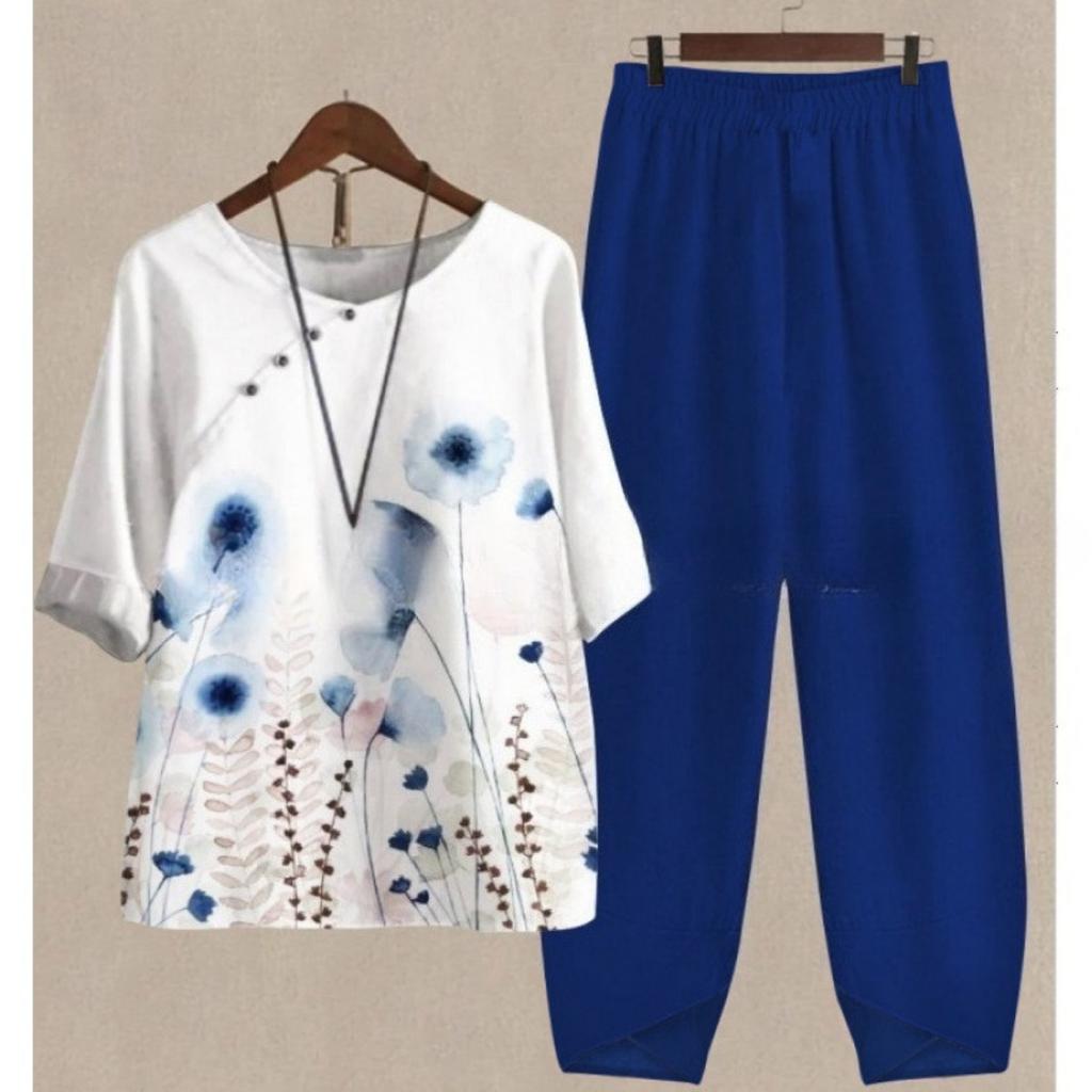 Women's Loose Fit Floral Printed Two Piece Outfit Half Sleeve T-Shirt Elastic Waist Pantsuit