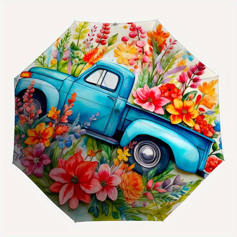 Floral Truck Watercolor DecorUmbrella, Portable 3-Fold Compact Umbrella,Christmas Gift ES628