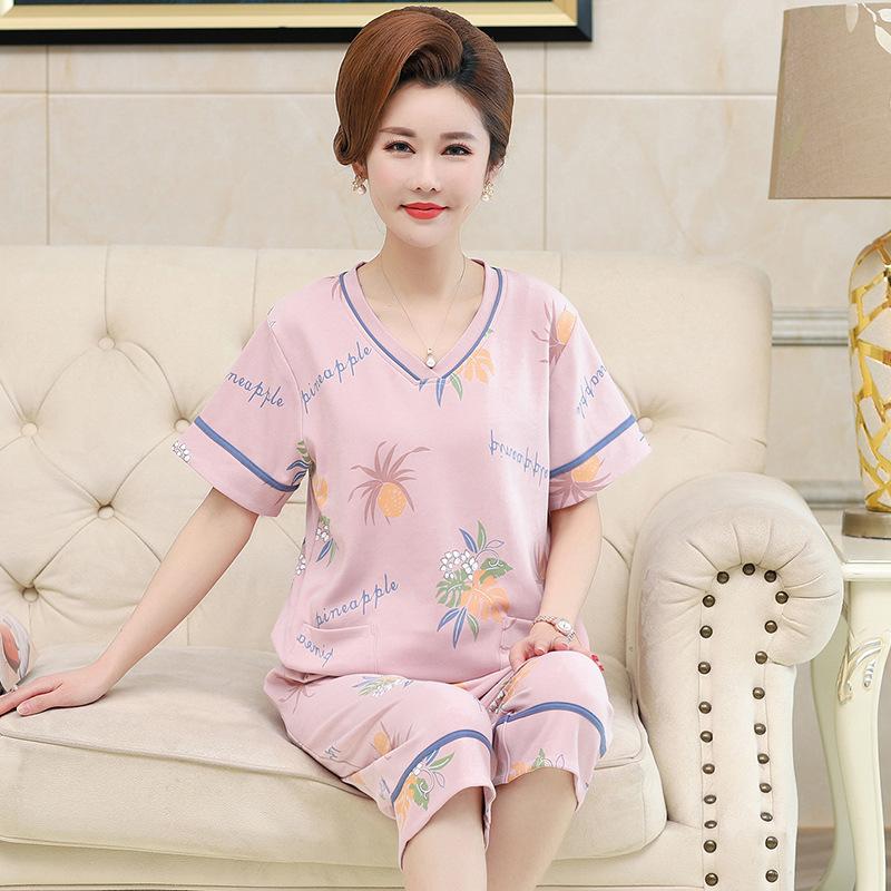 Women's Summer Clothing Sets Middle-aged and Elderly Loose Short-sleeved Blouse + Seven-piece Pants Home Two-piece Set