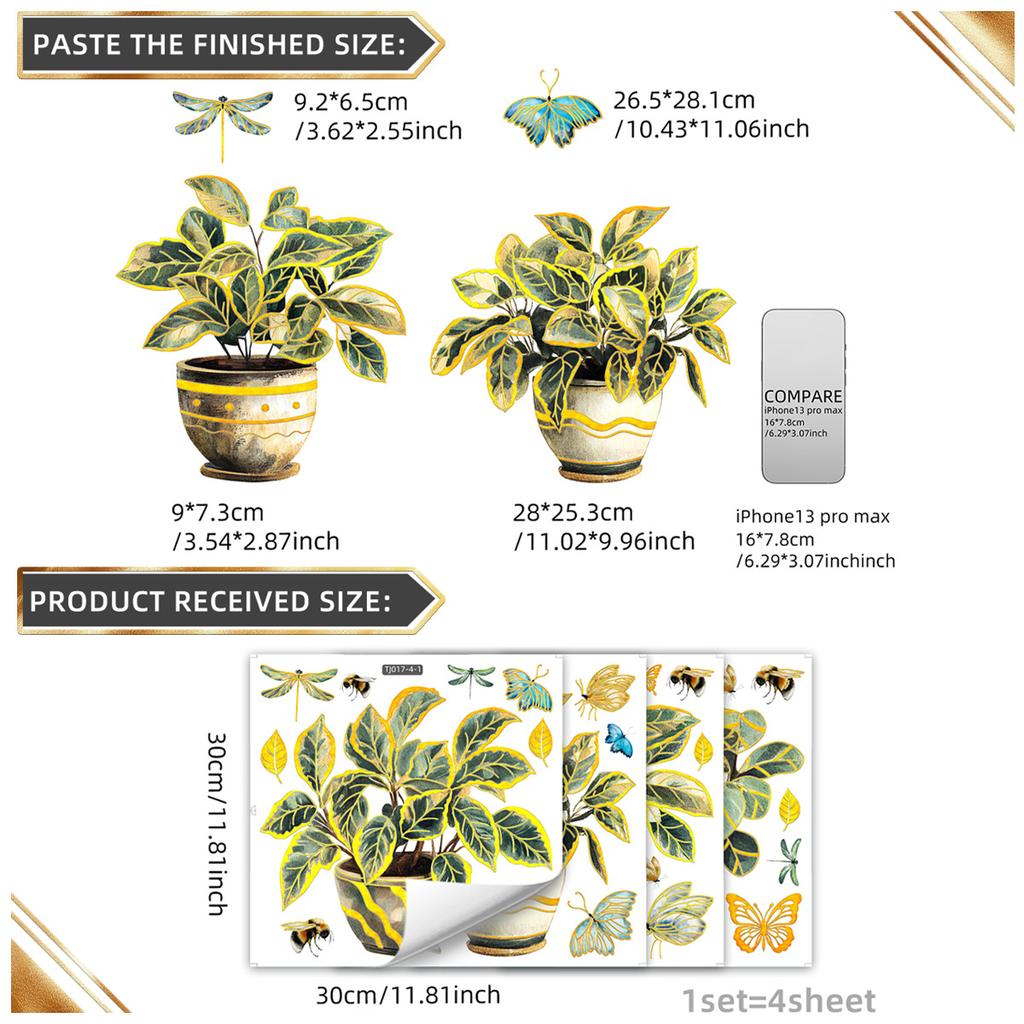 Hand-Painted Potted Vines, Ginkgo Biloba Leaves, Bronzing Wall Stickers To Decorate Children'S Room, Bedroom Background, Self-Adhesive Wall Stickers