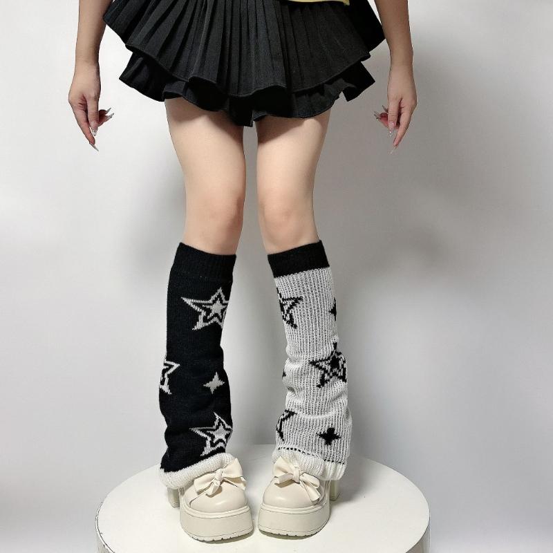 Punk Women Leg Warmers Japanese Aesthetic Star Pattern Flared Knitted Foot Cover Ruffle Trim Long Stockings Streetwear