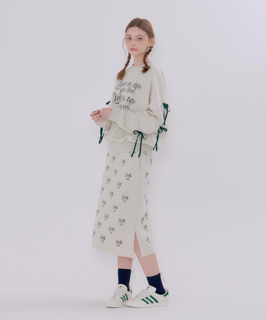 Metapeo Ribbon Print Elastic Waist Long Skirt Oatmeal