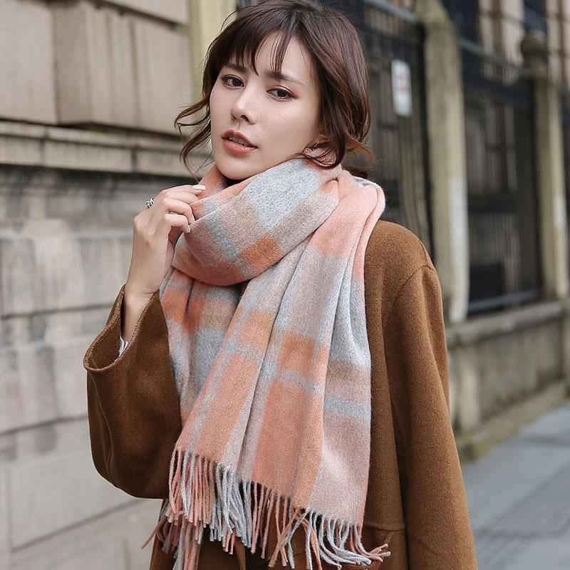 Women Plaid Wool Scarf Winter Warm Large Fine Wool Shawls Blanket Scarf Luxury Design Fringes Plaid Sheep Wool Cashmere Scarves