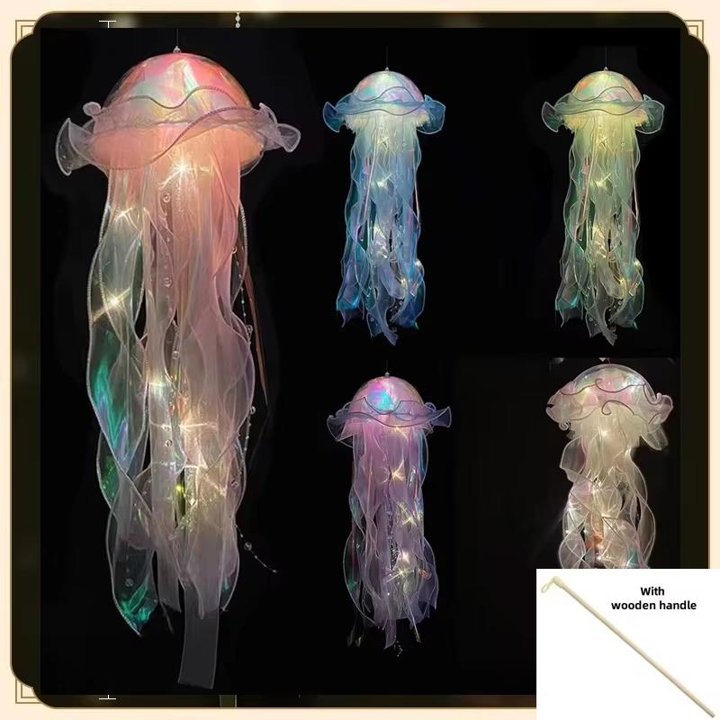 Handmade DIY Jellyfish Lantern, Girl Room Atmosphere Decoration Lamp, Decorative Hanging LED Light,Glowing Jellyfish Lamp Flower