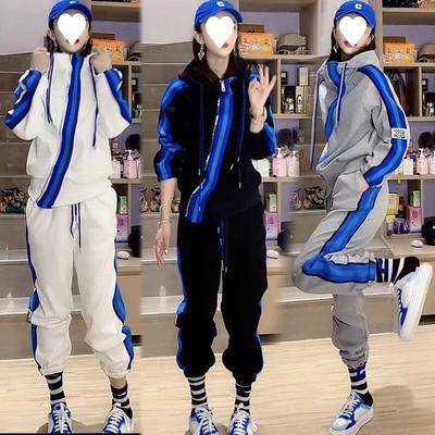 Casual Sports Fashion Suit for Women Spring and Autumn Loose Large Size Diagonal Zipper Two-piece Suit for Women