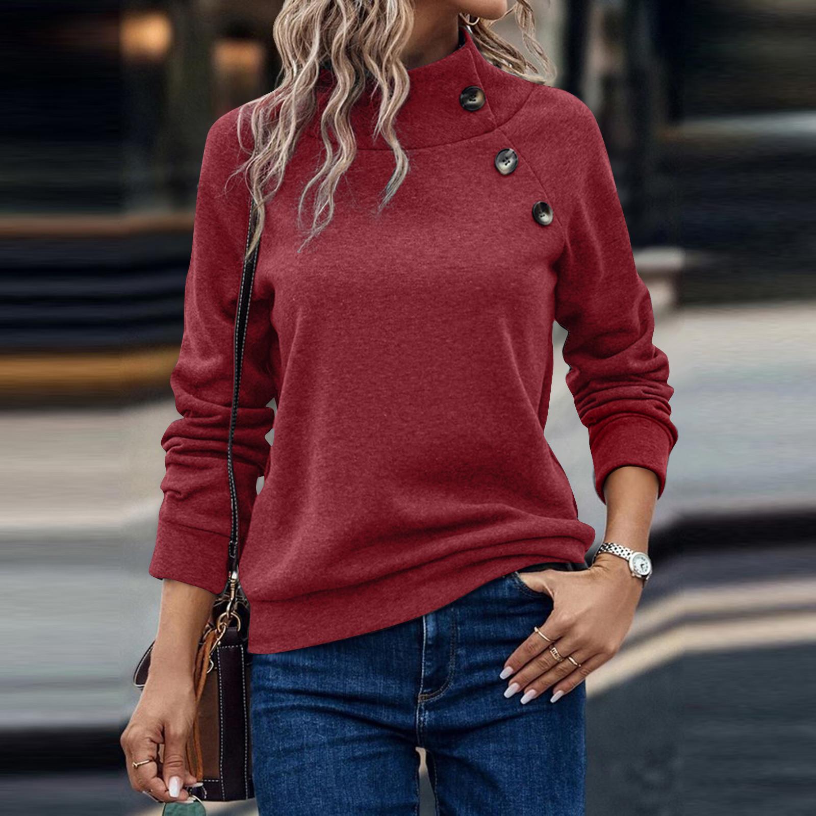 

Женский повседневный модный однотонный пуловер с длинным рукавом, топы на пуговицах с высоким воротом и половиной воротника XL винный