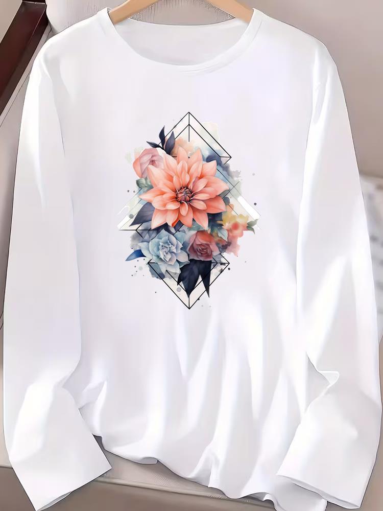 

(Asian Size) flower watercolor trend Fashion Print T Shirt autumn winter spring Casual Tee Women Clothing Top o-neck Graphic Long Sleeve T-shirts S