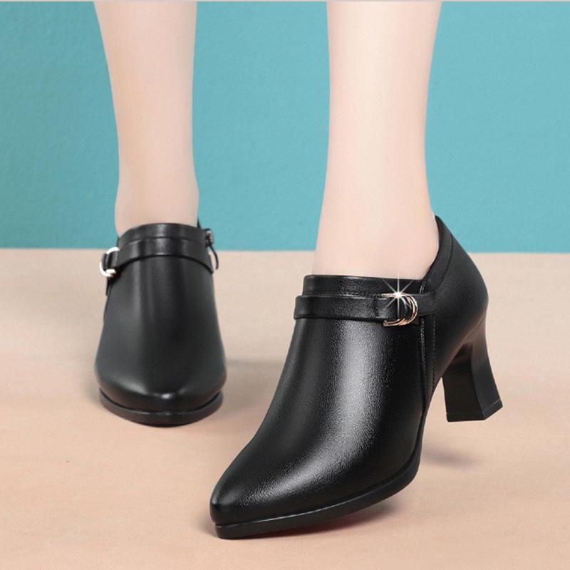 Dicker Absatz Einzelne Schuhe Damen Weiche Sohle 2024 Frühling Neu Hoher Absatz Spitzleder Schuhe Weiches Leder Tiefer Ausschnitt Mutterschuhe