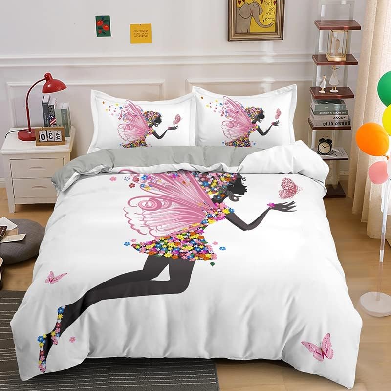 Fairy Girl with Wings Bedding Set Garden Fantasy Floral Duvet Cover Flying Butterfly Comforter Cover Colorful Flower Quilt Cover