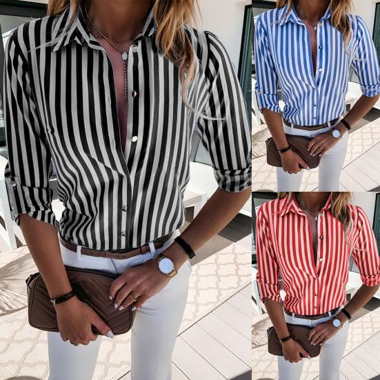 Women Fashion Long Sleeve Turn Down Collar Vertical Stripes Office Shirt Blouse