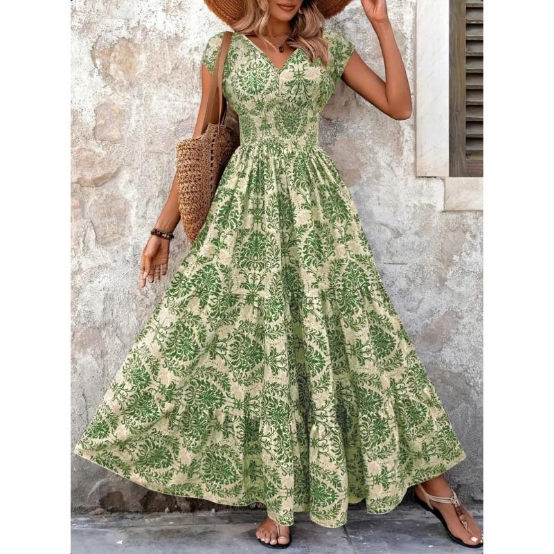 Vintage Printed Dress Fashion Elegant Neck Short Sleeve Dress Long Dress Women's Clothing