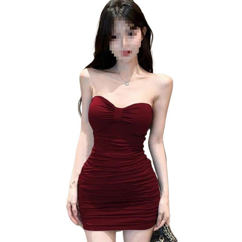 Summer Pleated Off-Shoulder Bandeau Dress - Women's Spicy Style, Solid Color, Tight Bodycon, Waist-Cinching, Slimming, Hip-Hugging Super Short Skirt