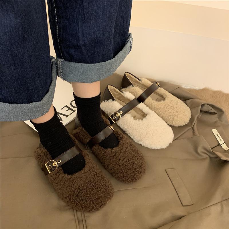 Fashion Lambswool Moccasins Femme Metal Buckle Belt Plush Flats Warm Cotton Loafers Curly Sheep Fur Mary Janes Winter Shoes Women 2025