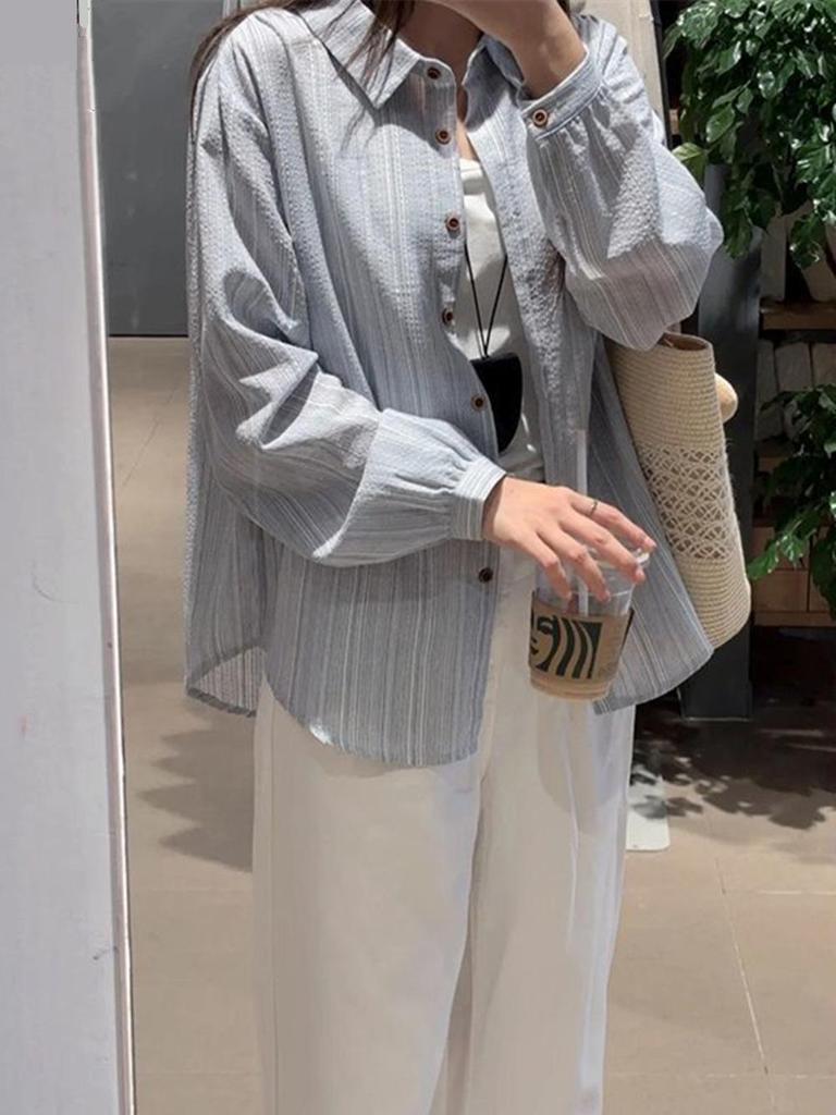 Korean Style Elegant Vertical Stripe Women's Long Sleeve Cardigan - Casual, Loose Fit, Sun Protection Layering Shirt for Spring and Summer