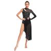 Womens Asymmetrical Lyrical Dance Dress Mock Neck Cutout Sheer Mesh Shiny Rhinestones Performance Costume