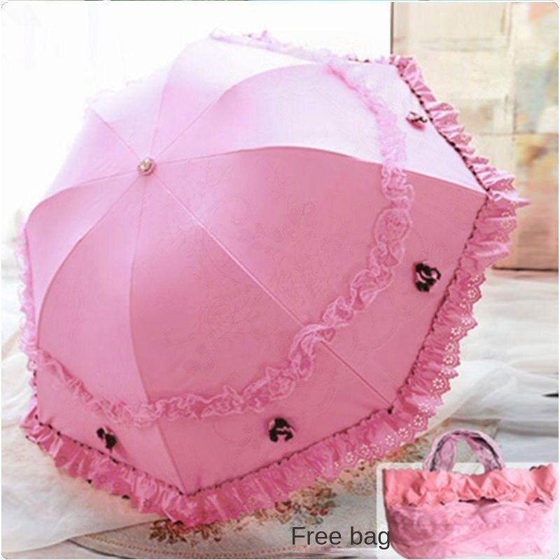 Зонт от солнца, солнцезащитный крем, устойчивый к ультрафиолетовому излучению виниловый зонтик, высококлассный складной кружевной зонтик для глаз двойного назначения. розовый